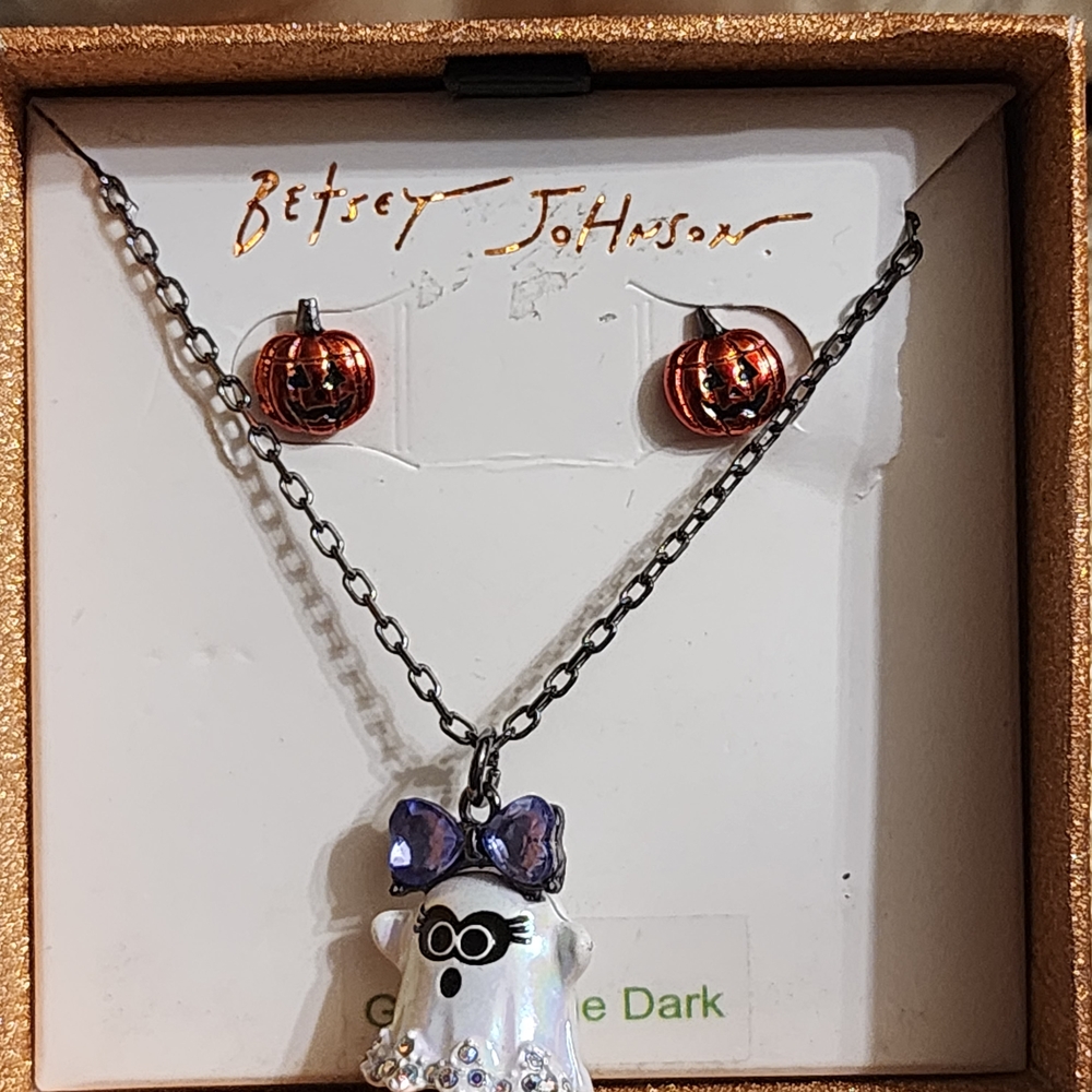 Betsey Johnson Ghost Necklace with Blue Bow and Orange Pumpkins